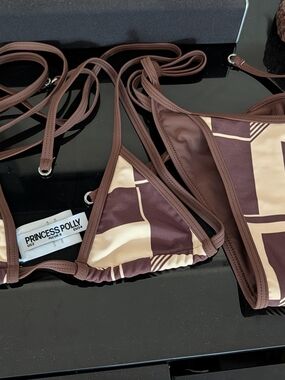 Princess Polly Micro Bikini. Blaylock Brown & Cream Geometric Triangle &Tie